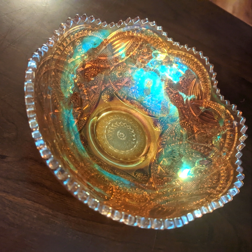 Antique Fenton Carnival Glass Serving Bowl in Pumpkin Marigold c. 1910